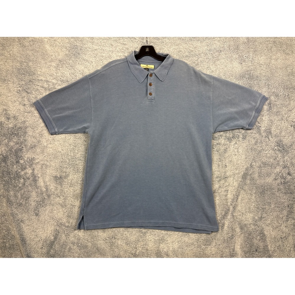 Tommy Bahama Mens XL Blue Silk Cotton Blend Ribbed Polo Shirt Short Sleeve
